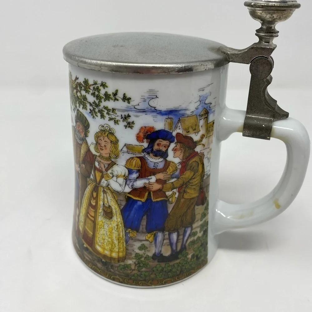 Vintage BMF German Milk Glass Beer Stein with Flat Pewter Lid